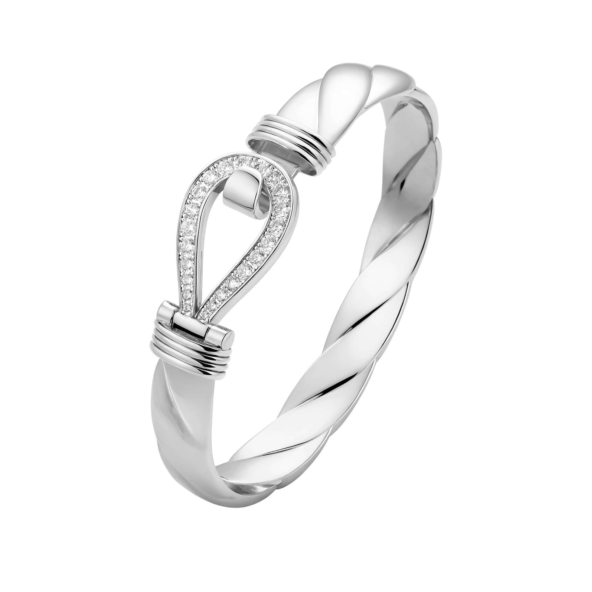 Diamond single hook bangle in 14K white gold, 13mm wide statement design.