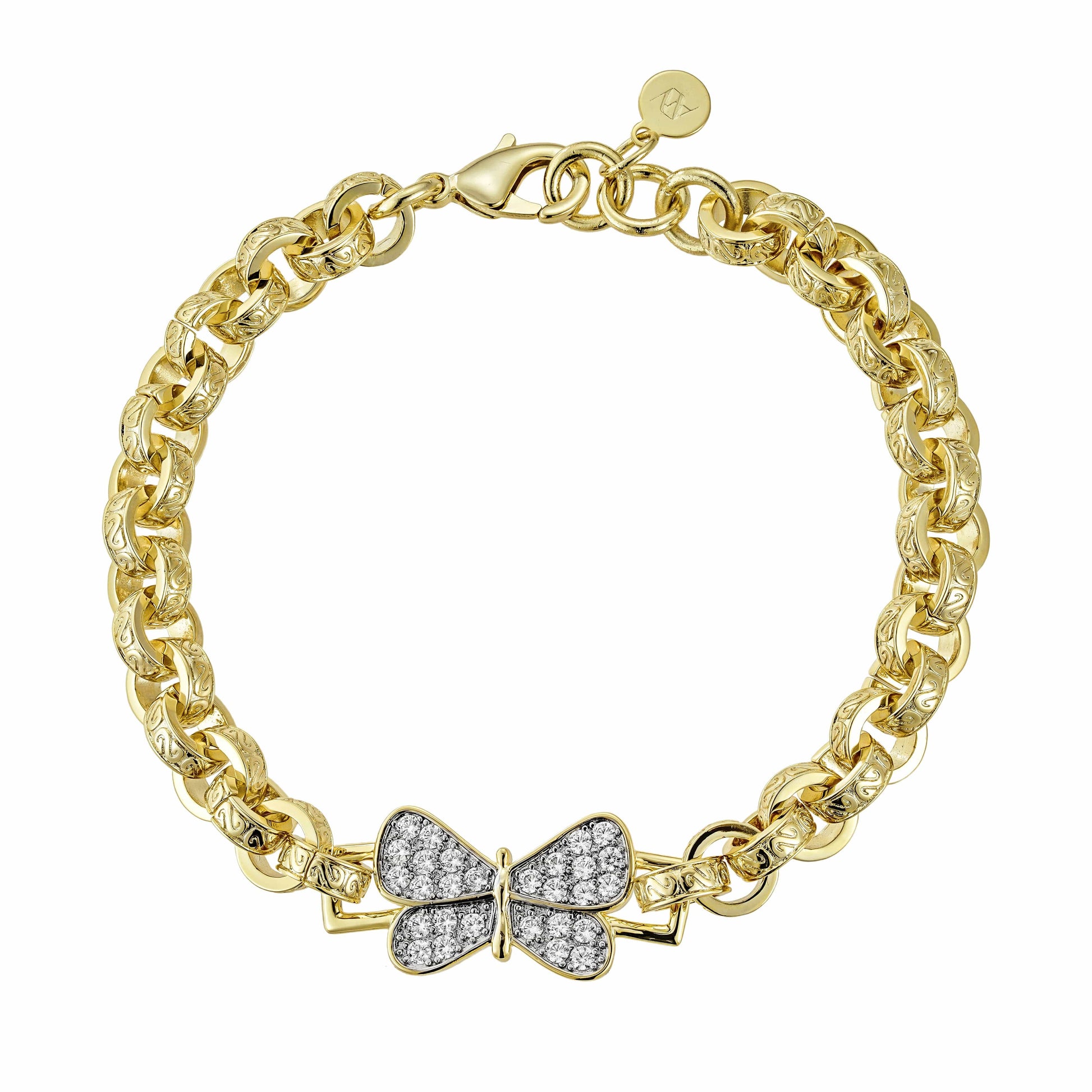 Gold belcher bracelet 8mm with diamond butterfly charm, 14K gold-layered.