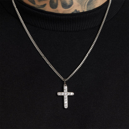 ALL WEAR Cuban / Silver Micro Studded Cross Pendant - White Gold