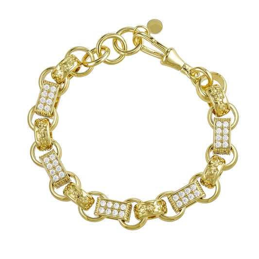 Gold Dipped, CZ Diamonds Diamond Gypsy Link Bracelet 13mm - Gold (Albert Clasp)