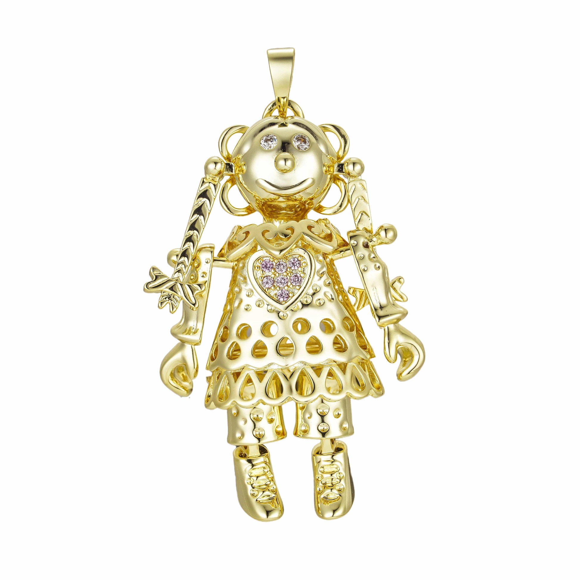 Gold Dipped, CZ Diamonds Diamond Heart Rag Doll Pendant - Gold