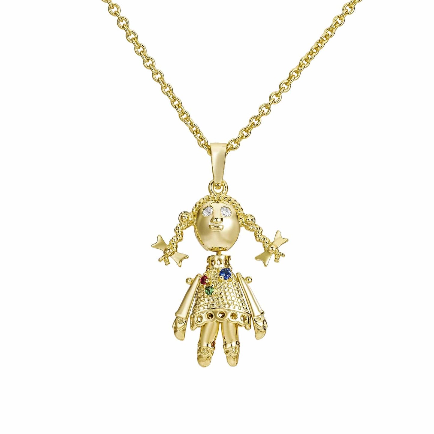 Gold Dipped, CZ Diamonds Emerald Rag Doll Pendant - Gold