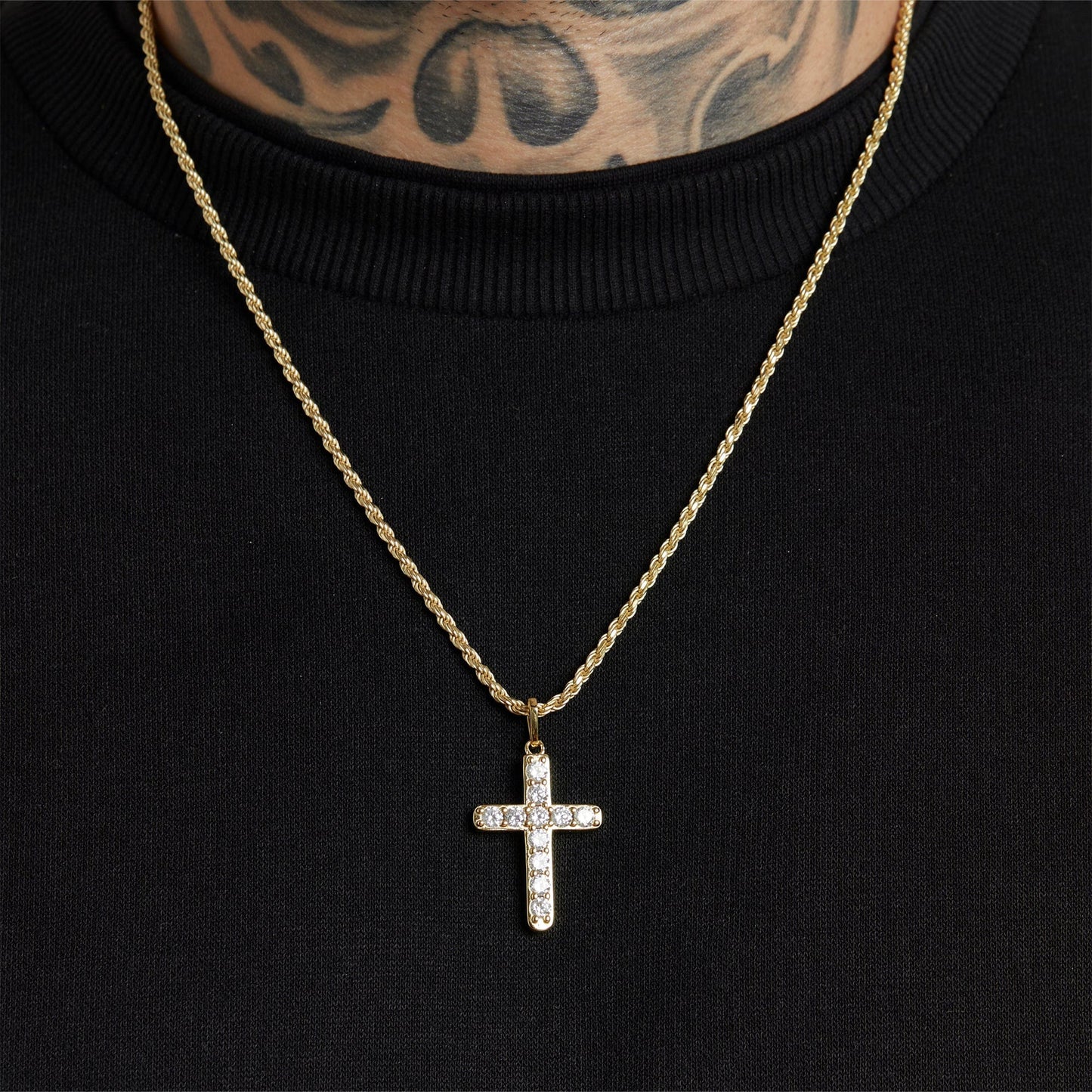 ALL WEAR Rope / Gold Micro Studded Cross Pendant - Gold